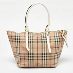 Burberry Beige/White Haymarket Check Coated Canvas and Patent Leather Salisbury Tote