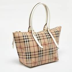 Burberry Beige/White Haymarket Check Coated Canvas and Patent Leather Salisbury Tote