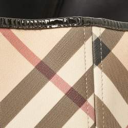 Pre Owned Burberry Black/Beige Supernova Check Coated Canvas and Patent Leather Large Nickie Tote