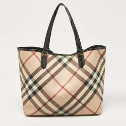 Pre Owned Burberry Black/Beige Supernova Check Coated Canvas and Patent Leather Large Nickie Tote