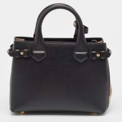 مملوكة مسبقًا حقيبة يد توتس بربري بانير قماش كاروهات هاوس وجلد أسود/ بيج صغيرة