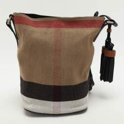 Pre Owned Burberry Beige/Black House Check Canvas and Leather Ashby Bucket Bag
