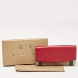 Pre Owned Burberry Beige/Red House Check Fabric and Leather Flap Continental Wallet