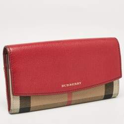 Pre Owned Burberry Beige/Red House Check Fabric and Leather Flap Continental Wallet