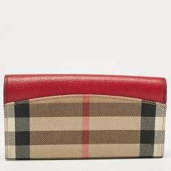 Pre Owned Burberry Beige/Red House Check Fabric and Leather Flap Continental Wallet