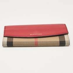 Pre Owned Burberry Beige/Red House Check Fabric and Leather Flap Continental Wallet