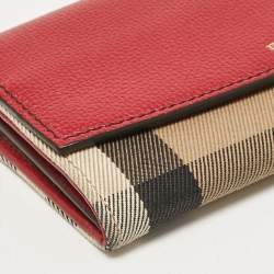 Pre Owned Burberry Beige/Red House Check Fabric and Leather Flap Continental Wallet