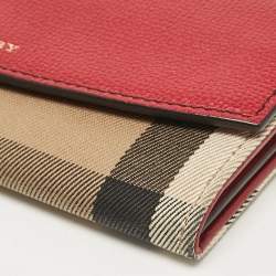 Pre Owned Burberry Beige/Red House Check Fabric and Leather Flap Continental Wallet