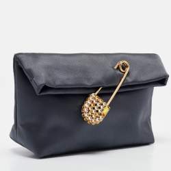 Pre Owned Burberry Dark Grey Satin  Crystal Embellished Pin Clutch