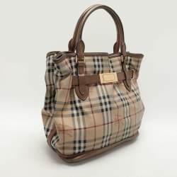 Burberry Beige/Brown Haymarket Check PVC and Leather Medium Golderton Tote