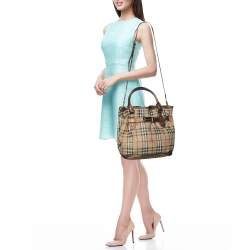 Burberry Beige/Brown Haymarket Check PVC and Leather Medium Golderton Tote