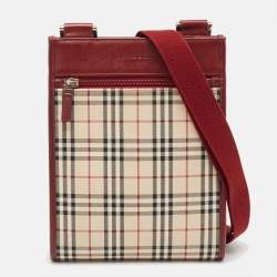 Burberry Red/Beige House Check Fabric and Leather Crossbody Bag