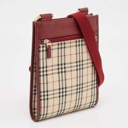 Burberry Red/Beige House Check Fabric and Leather Crossbody Bag