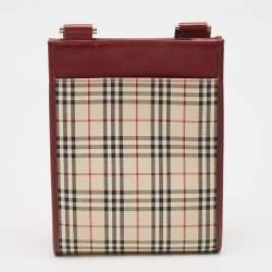 Burberry Red/Beige House Check Fabric and Leather Crossbody Bag