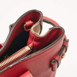 Pre Owned Burberry Red/Beige Leather and House Check Fabric Medium Banner Tote