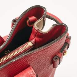 Pre Owned Burberry Red/Beige Leather and House Check Fabric Medium Banner Tote