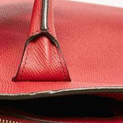 Pre Owned Burberry Red/Beige Leather and House Check Fabric Medium Banner Tote