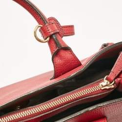 Pre Owned Burberry Red/Beige Leather and House Check Fabric Medium Banner Tote