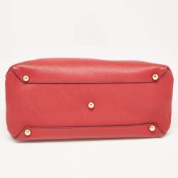 Pre Owned Burberry Red/Beige Leather and House Check Fabric Medium Banner Tote