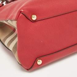 Pre Owned Burberry Red/Beige Leather and House Check Fabric Medium Banner Tote