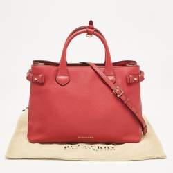 Pre Owned Burberry Red/Beige Leather and House Check Fabric Medium Banner Tote