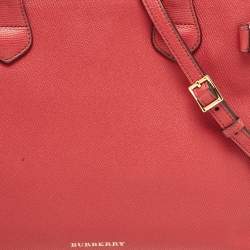 Pre Owned Burberry Red/Beige Leather and House Check Fabric Medium Banner Tote