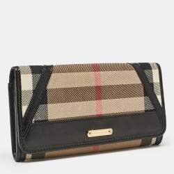 Pre Owned Burberry Black/Beige House Check Fabric and Leather Leighton Continental Wallet