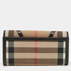 Pre Owned Burberry Black/Beige House Check Fabric and Leather Leighton Continental Wallet