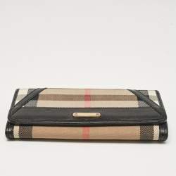 Pre Owned Burberry Black/Beige House Check Fabric and Leather Leighton Continental Wallet