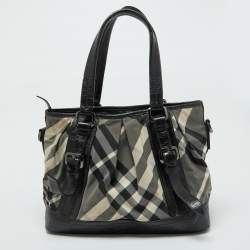 Pre Owned Burberry Grey/Black Beat Check Nylon and Patent Leather Lowry Tote