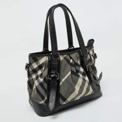 Pre Owned Burberry Grey/Black Beat Check Nylon and Patent Leather Lowry Tote