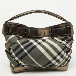 Burberry Metallic/Black Beat Check Nylon and Leather Buckle Hobo