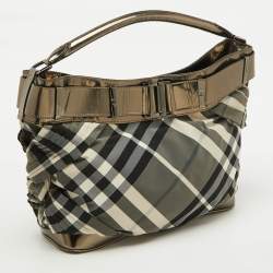 Burberry Metallic/Black Beat Check Nylon and Leather Buckle Hobo