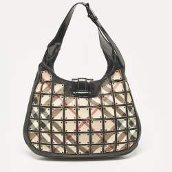 Burberry Black/Beige Nova Check Canvas and Leather Studded Brooke Warrior Hobo