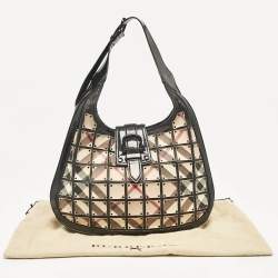 Burberry Black/Beige Nova Check Canvas and Leather Studded Brooke Warrior Hobo