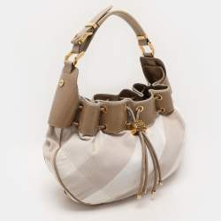 Pre Owned Burberry Beige/Olive Summer Check Canvas and Leather Mason Warrior Hobo