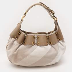 Pre Owned Burberry Beige/Olive Summer Check Canvas and Leather Mason Warrior Hobo