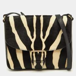 Pre Owned Burberry Black/Cream Zebra Print Calf Hair Buckle Crossbody Bag