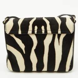 Pre Owned Burberry Black/Cream Zebra Print Calf Hair Buckle Crossbody Bag