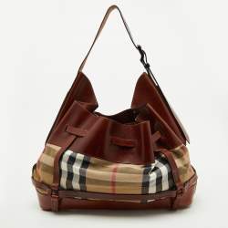 Burberry Brown/Beige House Check Canvas and Leather Bridle Hobo