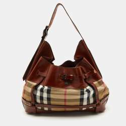 Burberry Brown/Beige House Check Canvas and Leather Bridle Hobo