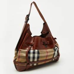 Burberry Brown/Beige House Check Canvas and Leather Bridle Hobo