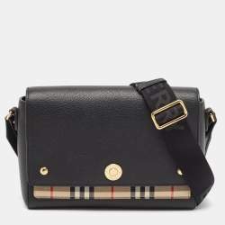 Burberry Black/Beige Check Canvas and Leather Note Shoulder Bag