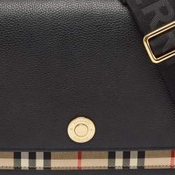Burberry Black/Beige Check Canvas and Leather Note Shoulder Bag