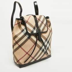 Pre Owned Burberry Black/Beige Supernova Check PVC Medium Drawstring Backpack