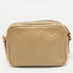 Pre Owned Burberry Beige Monogram Embossed Leather Camera Crossbody Bag