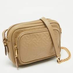 Pre Owned Burberry Beige Monogram Embossed Leather Camera Crossbody Bag