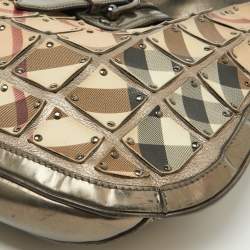 Burberry Metallic/Beige Nova Check PVC and Leather Studded Brooke Warrior Hobo
