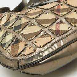 Burberry Metallic/Beige Nova Check PVC and Leather Studded Brooke Warrior Hobo