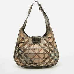 Burberry Metallic/Beige Nova Check PVC and Leather Studded Brooke Warrior Hobo